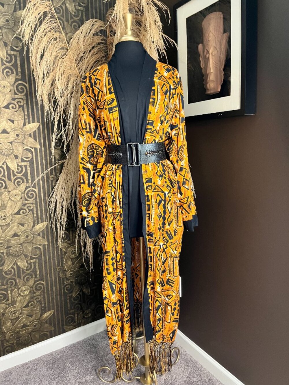 Meetu Magic bold black gold geometric African print duster